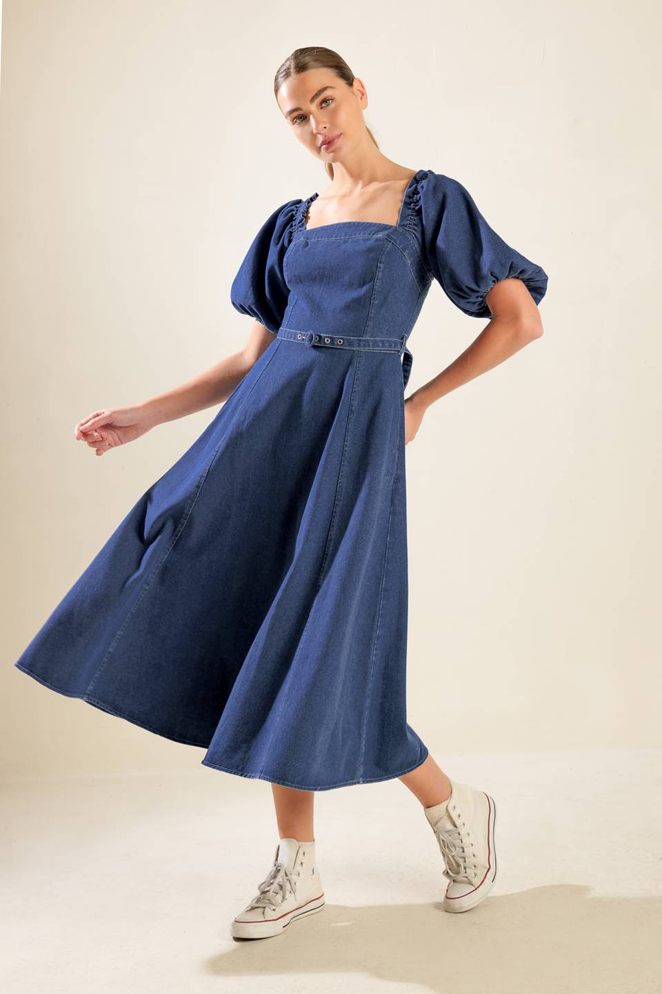 ALL SPRUCED UP DENIM MIDI DRESS Flying Tomato